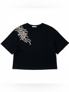 Embellished Beaded Shoulder Black Tee Pearl Detail Statement Top Size L NWOT